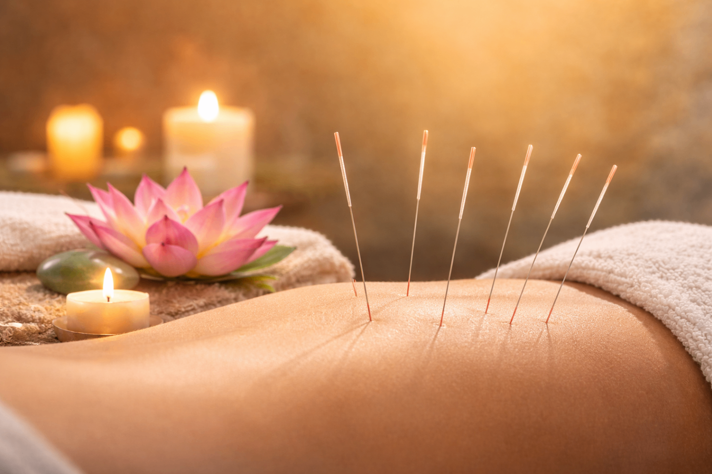 Acupuncture needles on back with lotus flower and candles — serene healing session